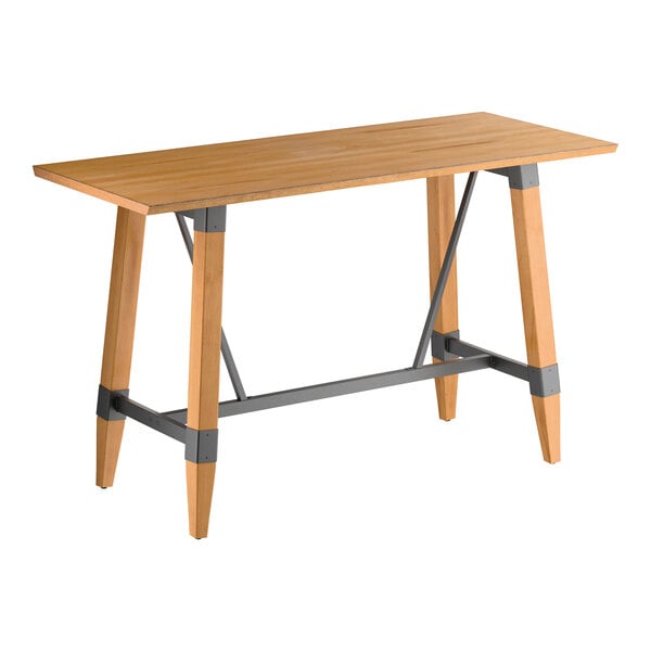 Lancaster Table & Seating Industrial 30" x 72" Rectangular Solid Wood Live Edge Bar Height Trestle Base Table with Honey Maple Finish