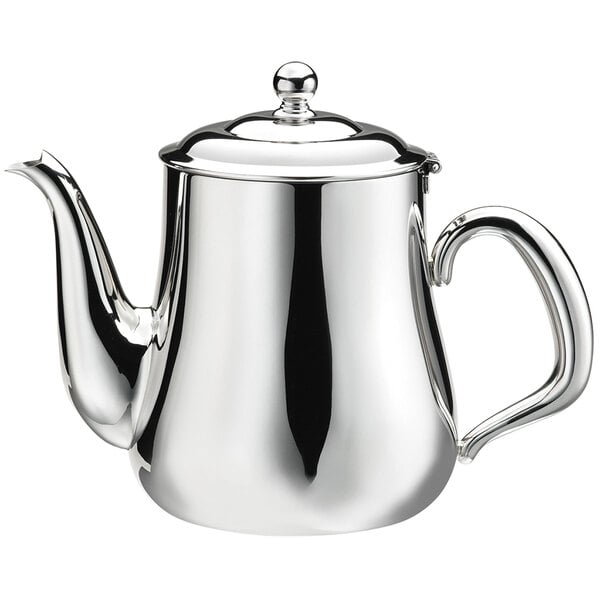 A silver Walco stainless steel gooseneck tea pot with a lid.