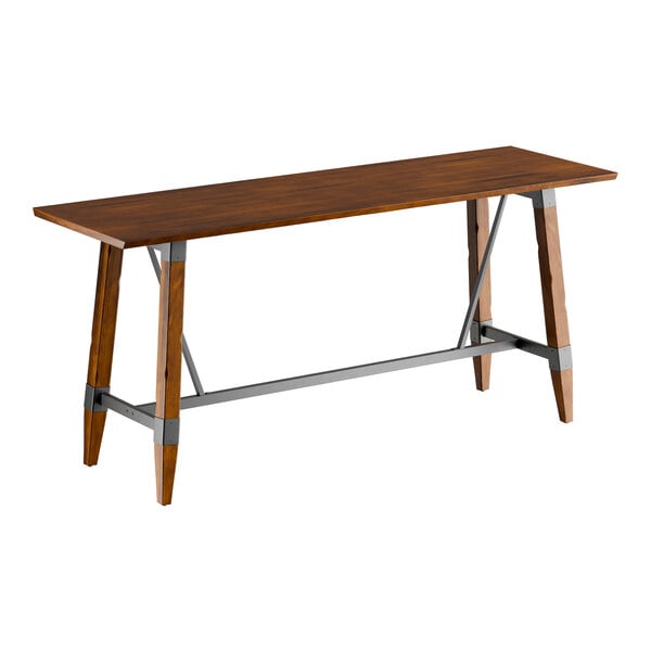 Lancaster Table & Seating Industrial 30" x 96" Solid Wood Live Edge Bar Height Trestle Base Table with Rustic Walnut Finish