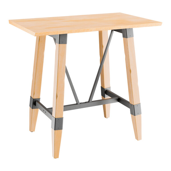 Lancaster Table & Seating Industrial 30" x 48" Solid Wood Live Edge Bar Height Trestle Base Table with Bleached Oak Finish