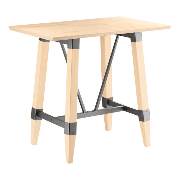 Lancaster Table & Seating Industrial 30" x 48" Rectangular Solid Wood Live Edge Bar Height Trestle Base Table with Bleached Oak Finish