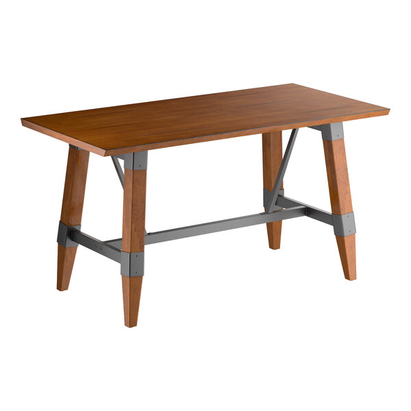 Lancaster Table & Seating Industrial 30" x 60" Rectangular Solid Wood Live Edge Standard Height Trestle Base Table with Rustic Walnut Finish