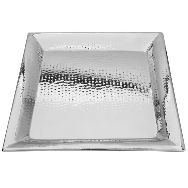 A white background with a silver Walco stainless steel square serving tray with a textured surface.