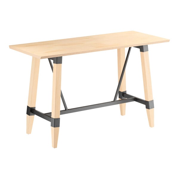 Lancaster Table & Seating Industrial 30" x 72" Rectangular Solid Wood Live Edge Bar Height Trestle Base Table with Bleached Oak Finish