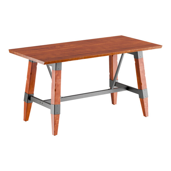 Lancaster Table & Seating Industrial 30" x 60" Solid Wood Live Edge Trestle Base Table with Rustic Mahogany Finish