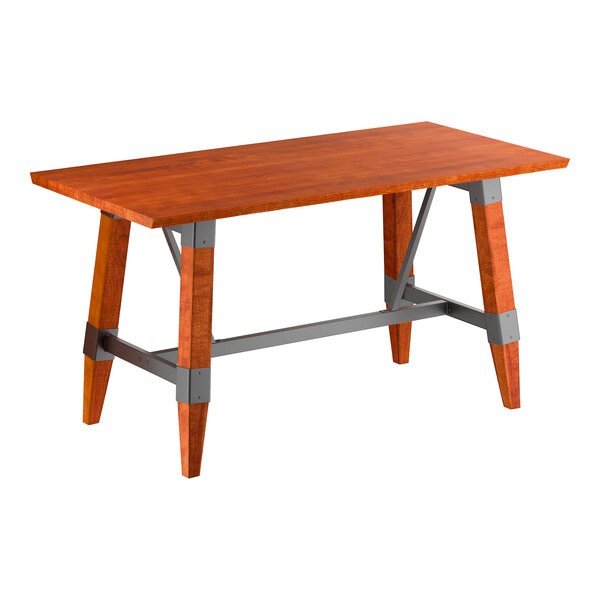 Lancaster Table & Seating Industrial 30" x 60" Rectangular Solid Wood Live Edge Standard Height Trestle Base Table with Rustic Mahogany Finish
