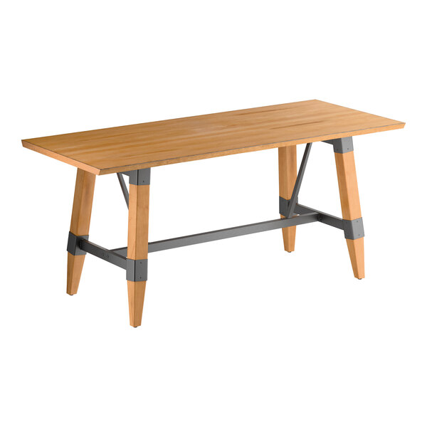 Lancaster Table & Seating Industrial 30" x 72" Rectangular Solid Wood Live Edge Standard Height Trestle Base Table with Honey Maple Finish