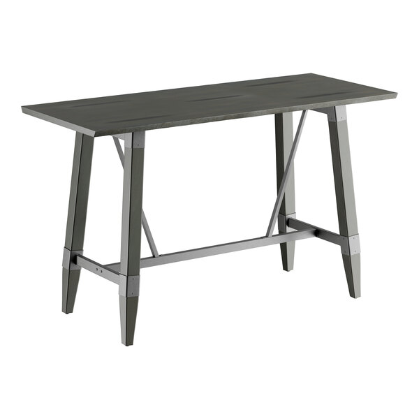 A rectangular bar height table with a solid wood live edge top and a slate gray trestle base.