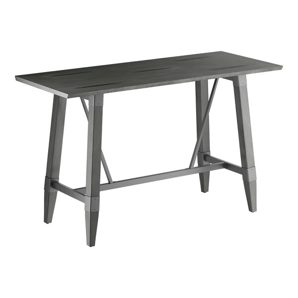 A rectangular bar-height table with a solid wood top and trestle base, finished in slate gray.
