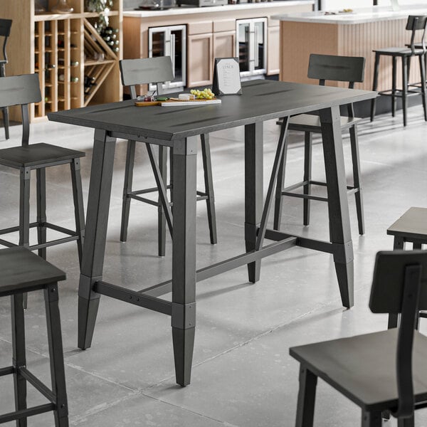 Lancaster Table & Seating Industrial 30" x 60" Solid Wood Live Edge Bar Height Trestle Base Table with Slate Gray Finish