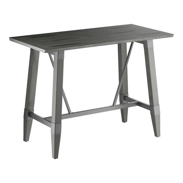 A rectangular bar-height table with a solid wood top and angled legs, featuring a slate gray finish and metal cross supports.
