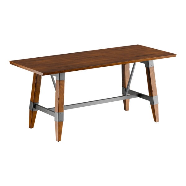 Lancaster Table & Seating Industrial 30" x 72" Solid Wood Live Edge Standard Height Trestle Base Table with Rustic Walnut Finish