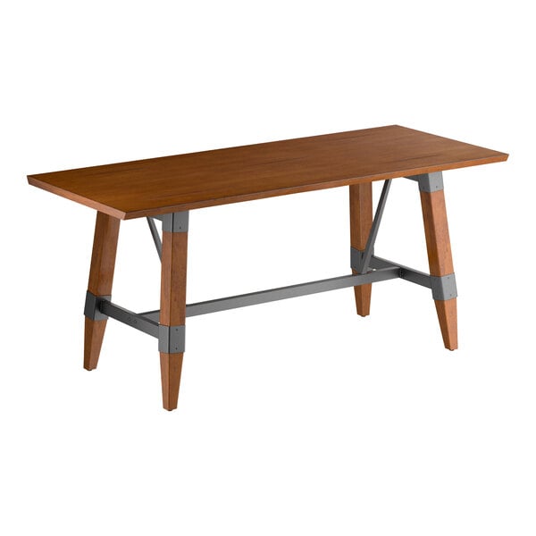 Lancaster Table & Seating Industrial 30" x 72" Rectangular Solid Wood Live Edge Standard Height Trestle Base Table with Rustic Walnut Finish