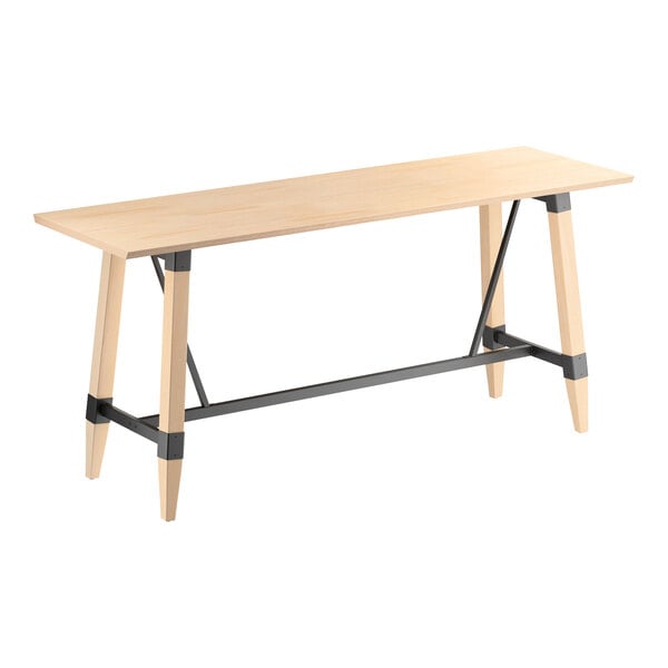 A rectangular bar-height table with a light wood top and angled wooden legs connected by black metal supports.