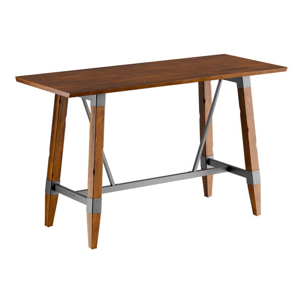Lancaster Table & Seating Industrial 30" x 72" Solid Wood Live Edge Bar Height Trestle Base Table with Rustic Walnut Finish