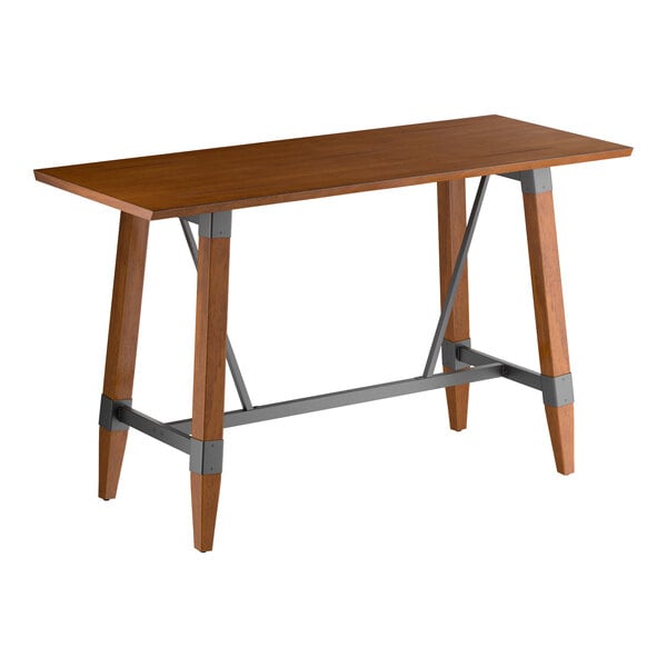 Lancaster Table & Seating Industrial 30" x 72" Rectangular Solid Wood Live Edge Bar Height Trestle Base Table with Rustic Walnut Finish