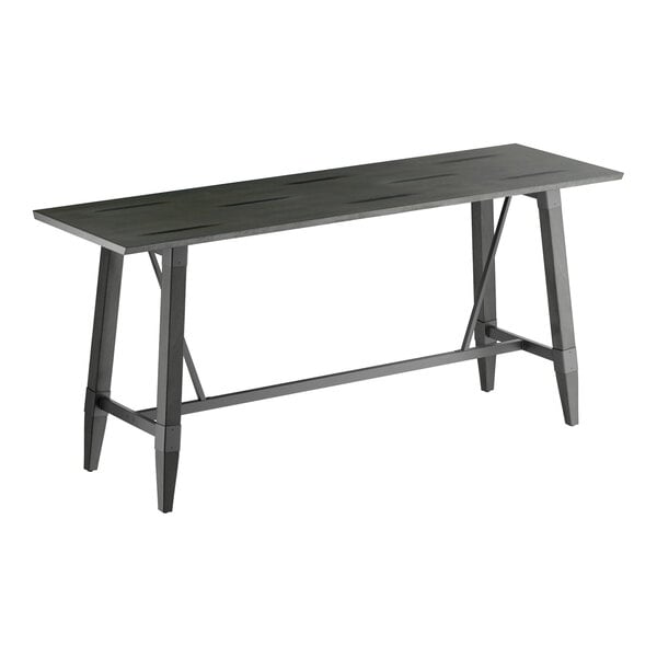 A rectangular bar-height table with a solid wood top and trestle base, finished in slate gray.