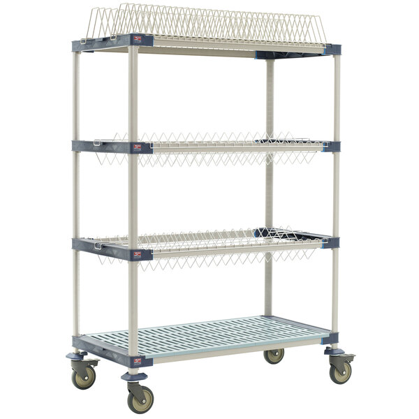 A MetroMax 4 mobile three tier metal tray drying rack on wheels.