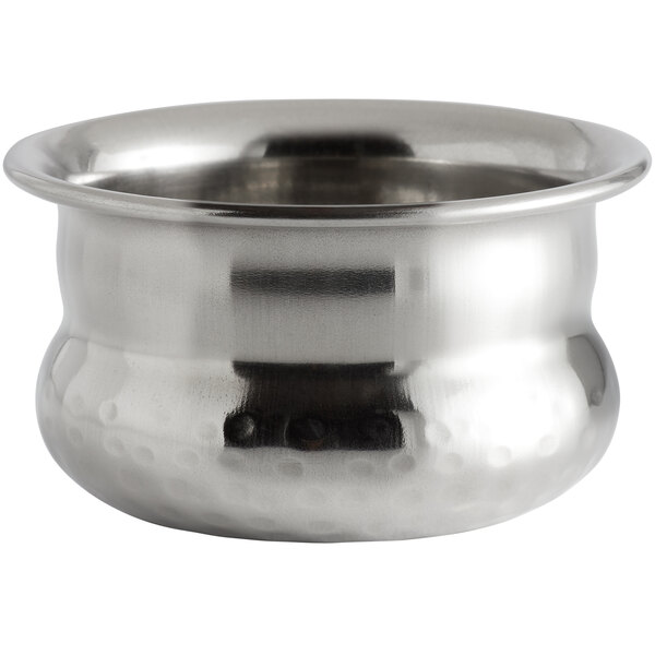 A silver stainless steel World Tableware Sonoran pot belly bowl with a round rim.