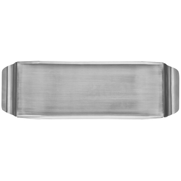 A World Tableware brushed metal rectangular tray with rolled handles.