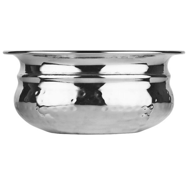 A silver World Tableware stainless steel bowl with a textured surface and a handle.