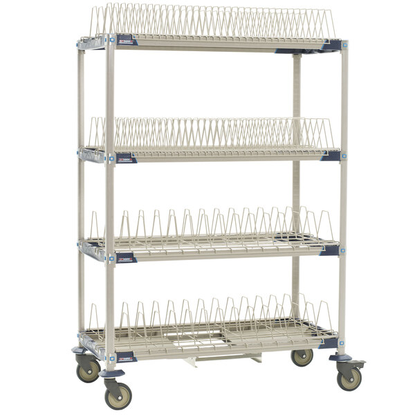 A white MetroMax metal four tier rack with wheels.