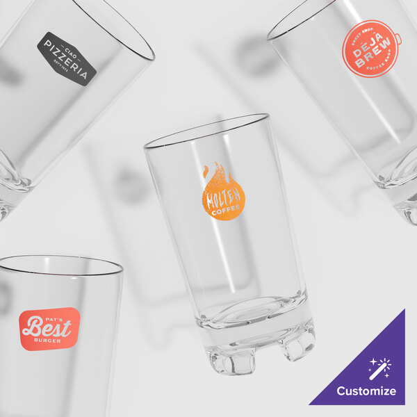 A group of GET Roc N' Roll highball glasses with one customized.