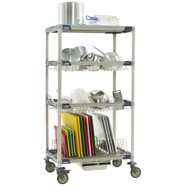 A MetroMax rack with dishes and utensils on it.