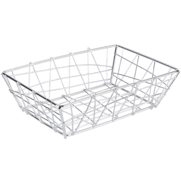 An American Metalcraft chrome rectangular wire basket with a metal handle on a white background.