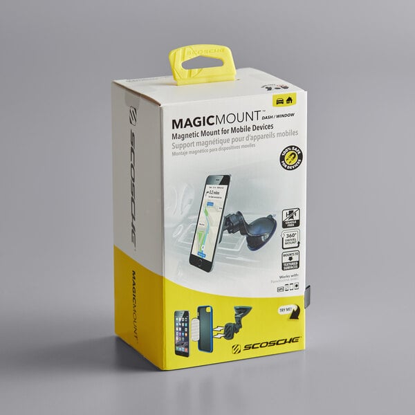 A white and yellow box for a Scosche MagicMount Black Magnetic Cell Phone Dash/Window Mount with black and yellow text.