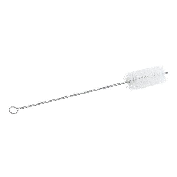 A long, thin brush with white bristles on one end and a twisted metal handle with a loop on the other end.