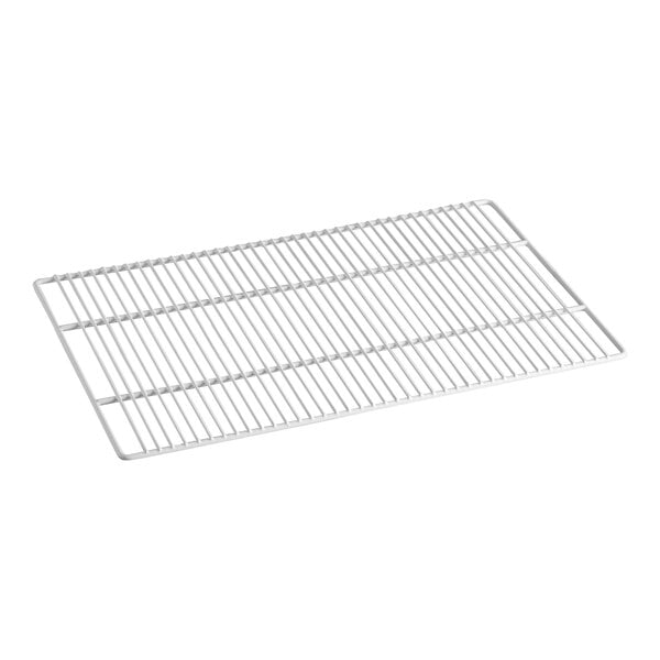 A rectangular metal wire shelf designed for use as a bottom shelf in a deli case.
