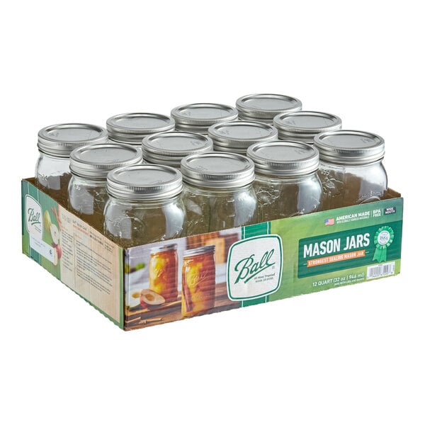 Ball 67000 32 oz. Quart Wide Mouth Glass Canning Jar with Silver Metal Lid and Band - 12/Case