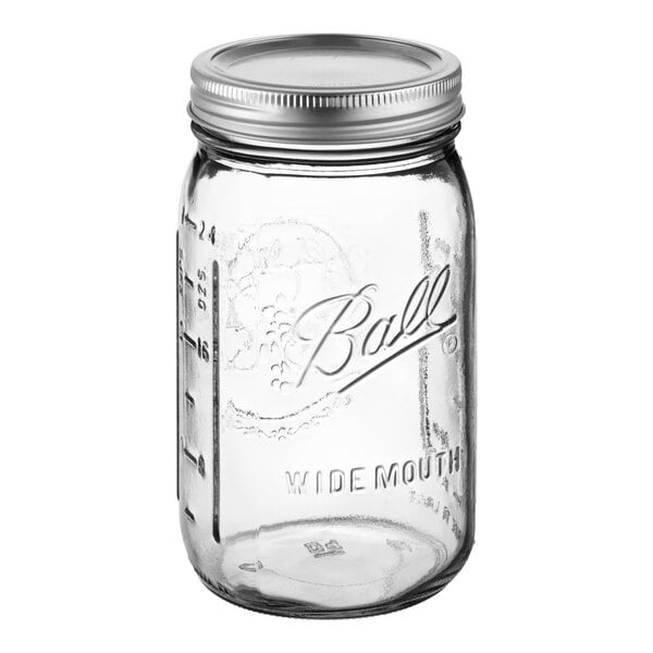 Ball 67000 32 oz. Quart Wide Mouth Glass Canning Jar with Silver Metal Lid and Band - 12/Case