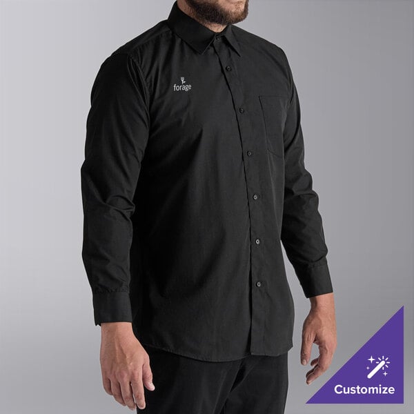 A man wearing a Henry Segal black long sleeve dress shirt with a white collar.