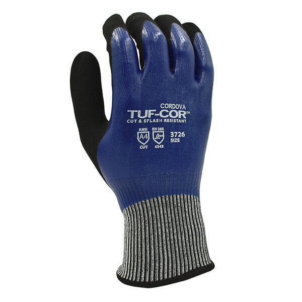 A close-up of a blue and black Cordova Tuf-Cor glove.