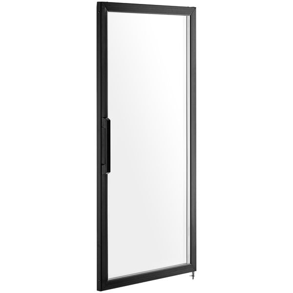 An Avantco black glass refrigerator door.