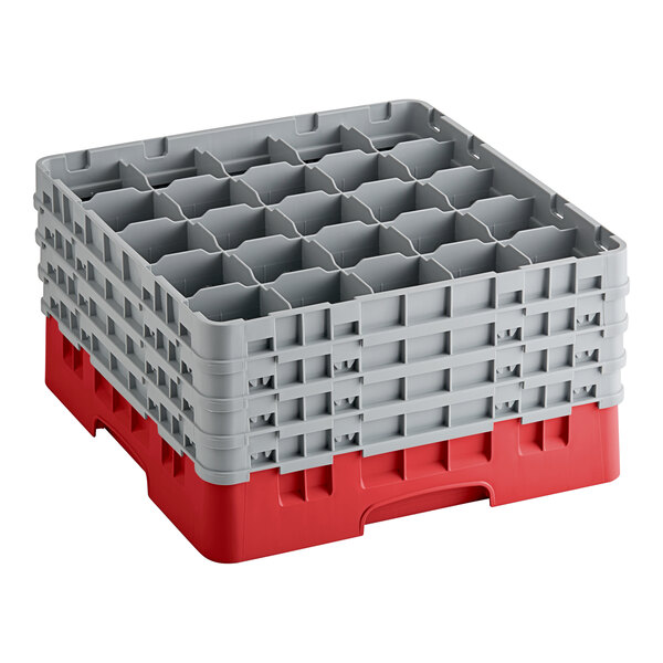 A red and gray plastic Cambro glass rack with compartments.