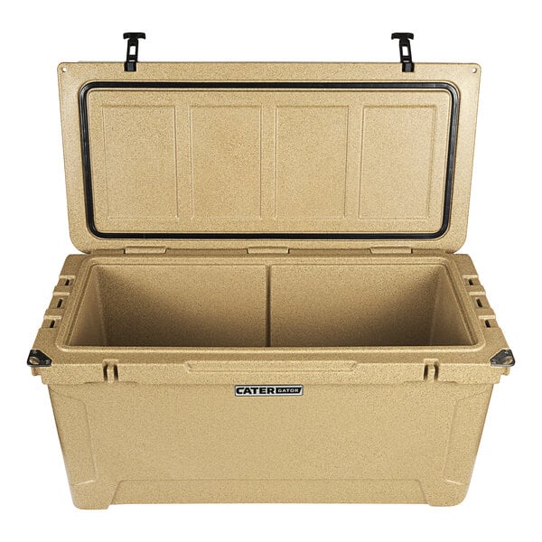 A beige CaterGator outdoor cooler with a lid open and black handles.