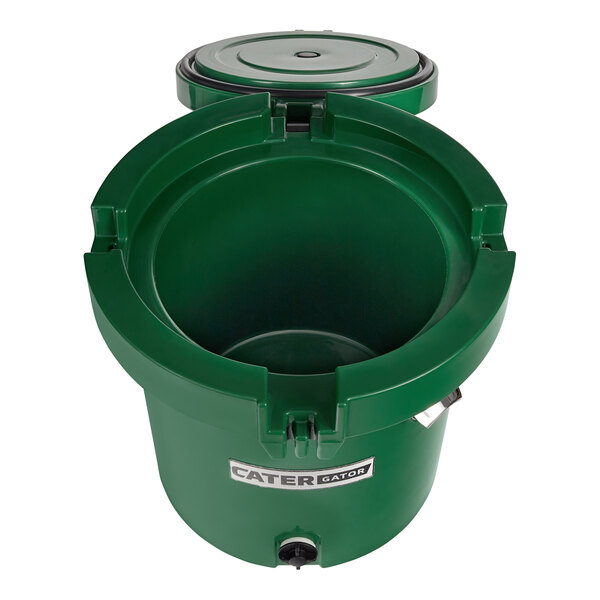 A green plastic container with a round lid.