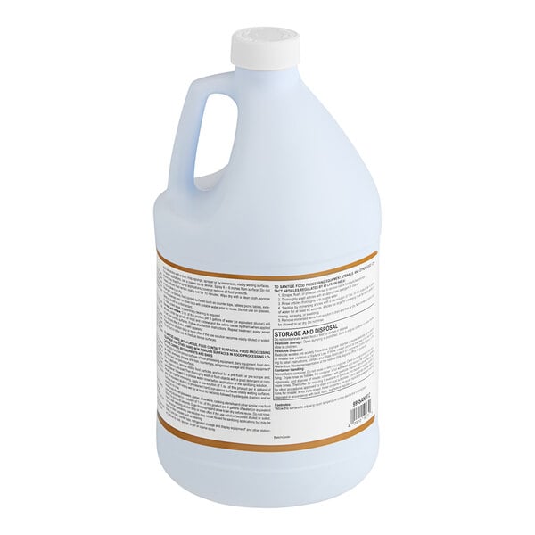 A white plastic jug of Noble Chemical Sani-512 with a white and brown label.