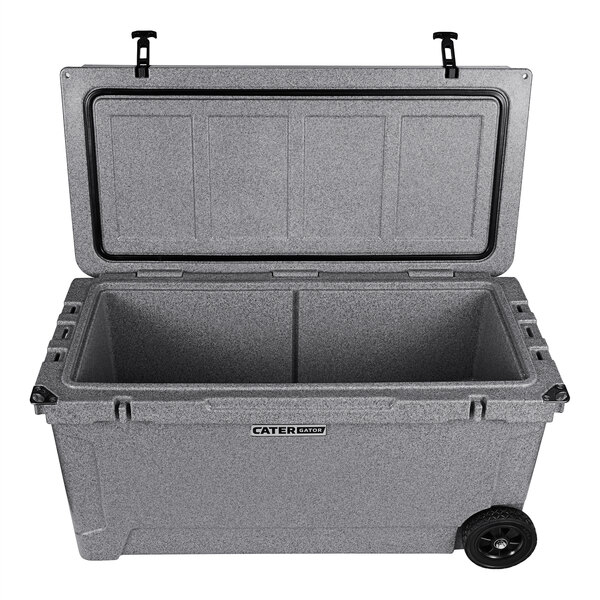 A gray CaterGator outdoor cooler with wheels.