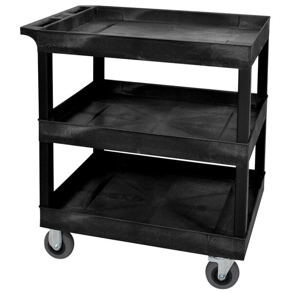 A black plastic Luxor utility cart with three shelves and wheels.