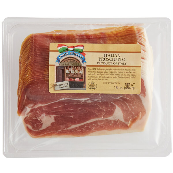 A package of Fontana Ermes Thin Sliced Italian Prosciutto Crudo with a label in a plastic bag.