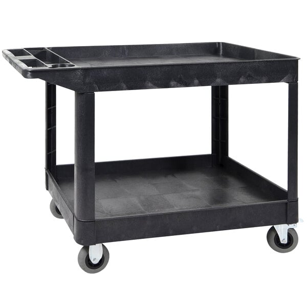 A Luxor black plastic utility cart with wheels.