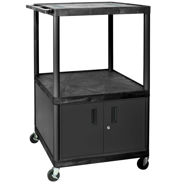 A black Luxor A/V cart with 3 shelves.