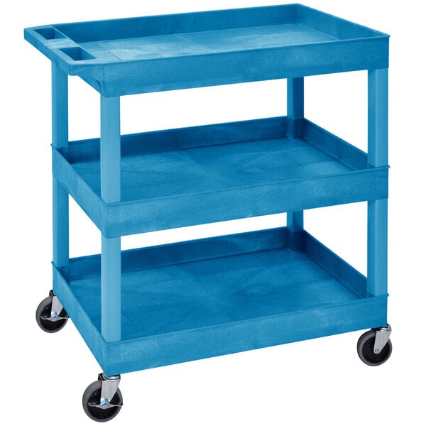 A blue Luxor utility cart with three shelves and wheels.