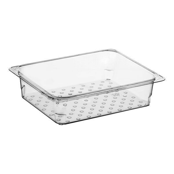 A clear plastic pan with holes on the bottom.