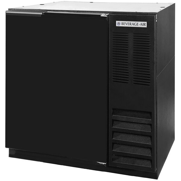 A black rectangular Beverage-Air wine refrigerator with a solid door open.