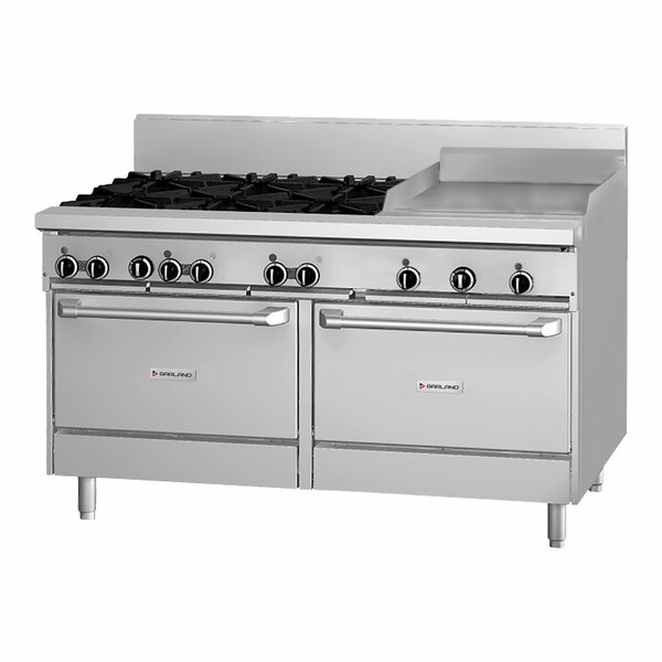 A large stainless steel Garland commercial gas range with 8 burners and a griddle.